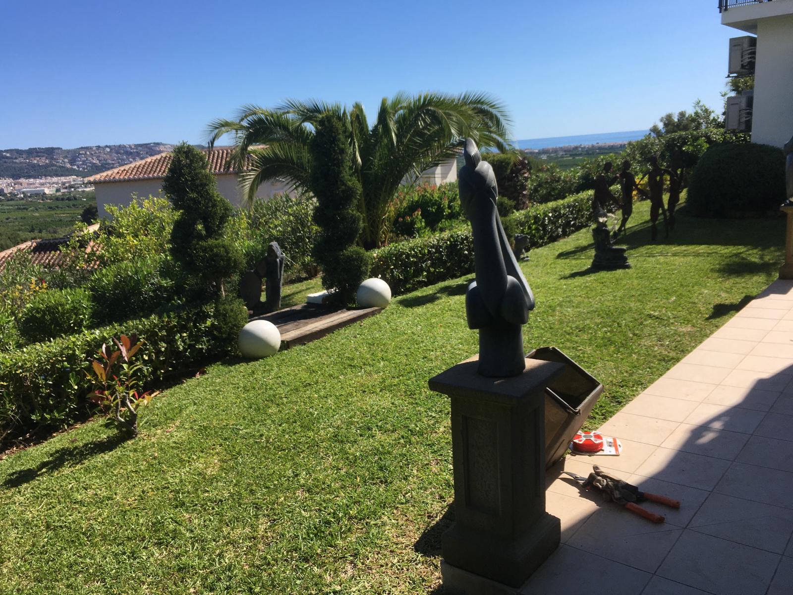 Mediterranean villa garden with palms and lawn